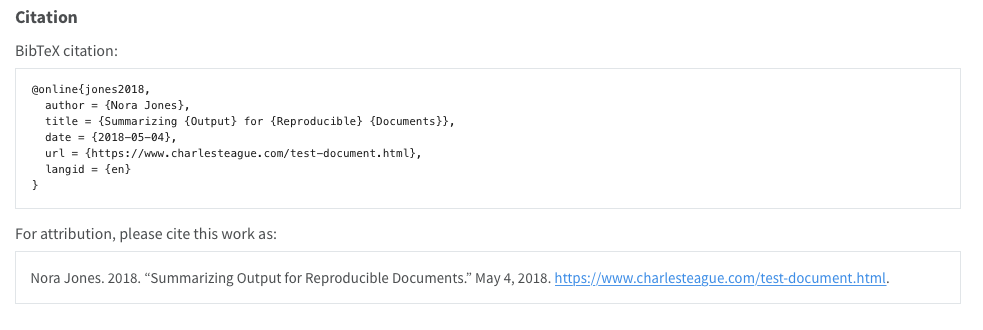 Appearance of a citation appendix contains both BibTeX citation and plain text citation for attribution.