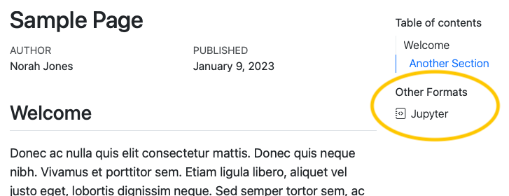 Screenshot of a HTML page that includes a link to the Jupyter format below the table of contents under the heading Other Formats.