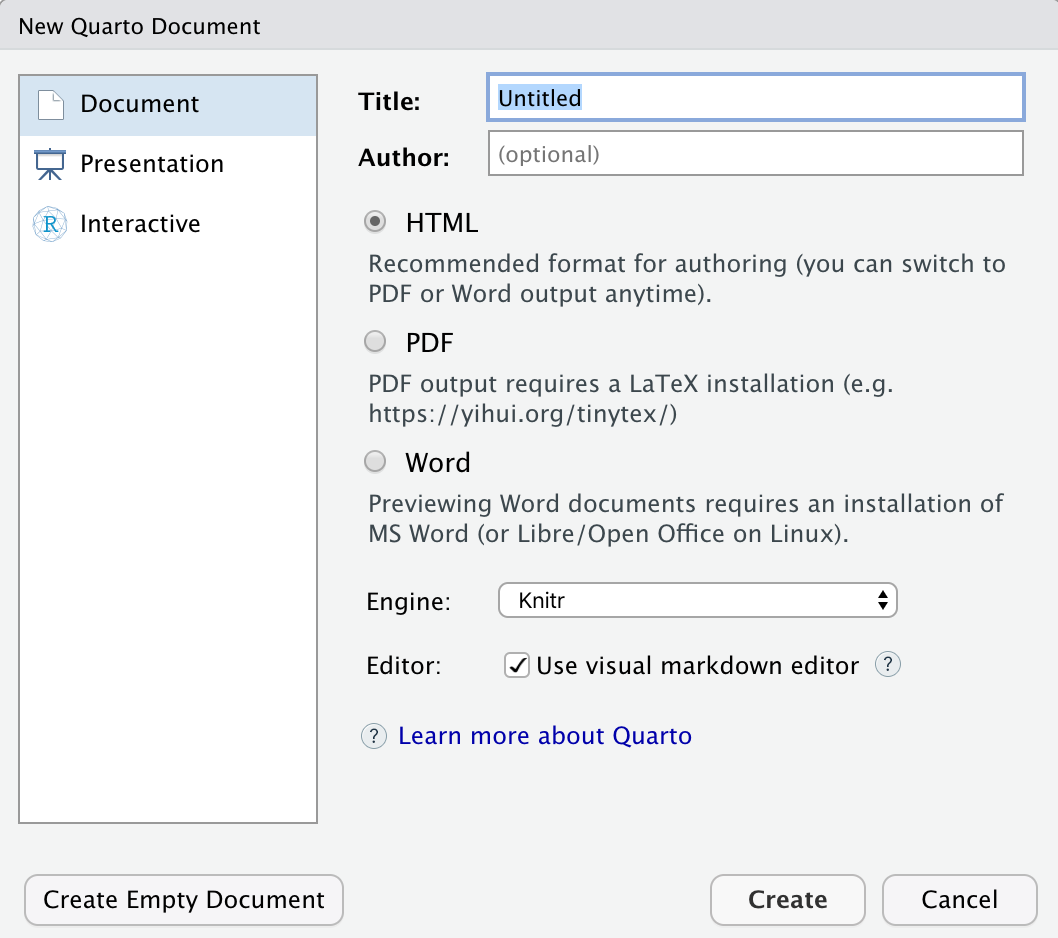 The 'New Quarto Document' dialog menu in RStudio.