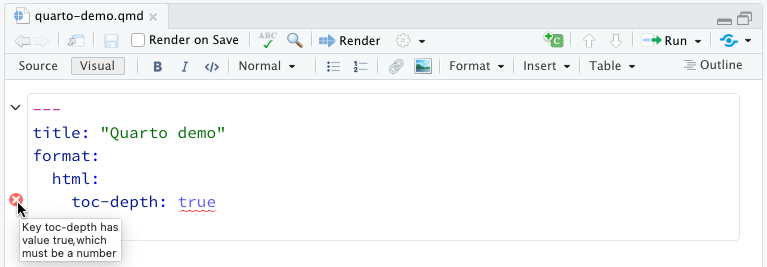 Quarto document YAML metadata with an incorrect option underlined in red.